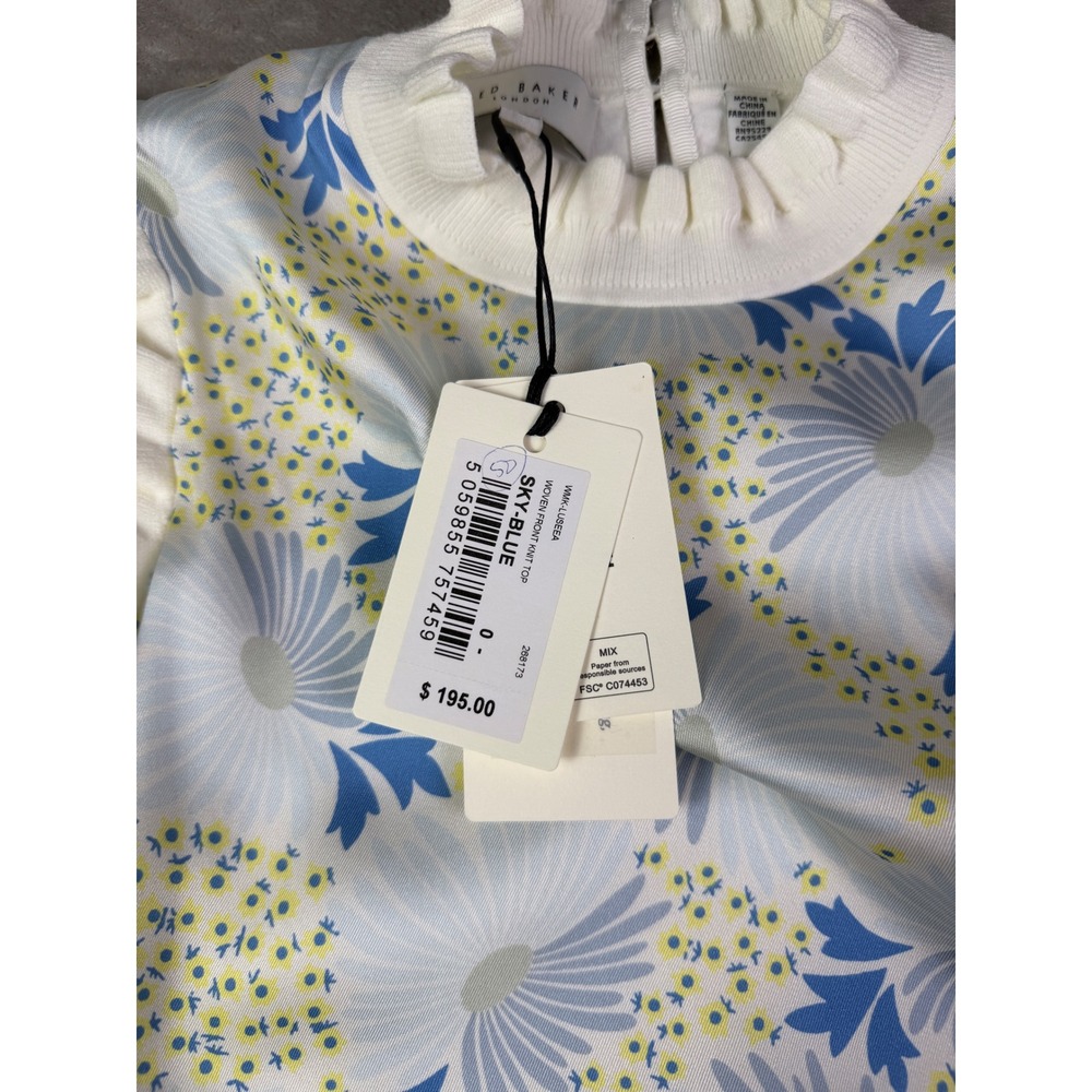 Ted Baker New Luseea Sky Blue Blouse Size 0 Small Woven Knit Top Floral Ruffle - Picture 5 of 12
